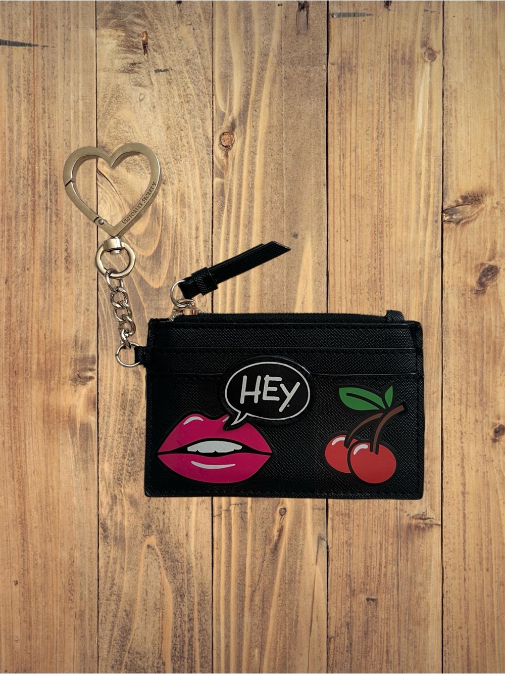 Victoria’s Secret Cherry & Lips Graphic Keychain Card Case Pouch with Heart Clip